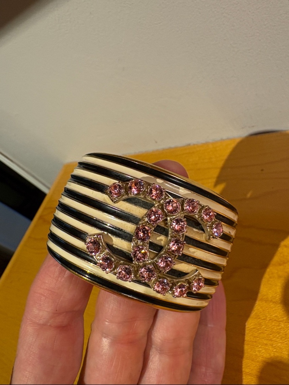 Authentic CHANEL cuff | Gold and Black stripes with Pink gem Accents - Picture 8 of 8